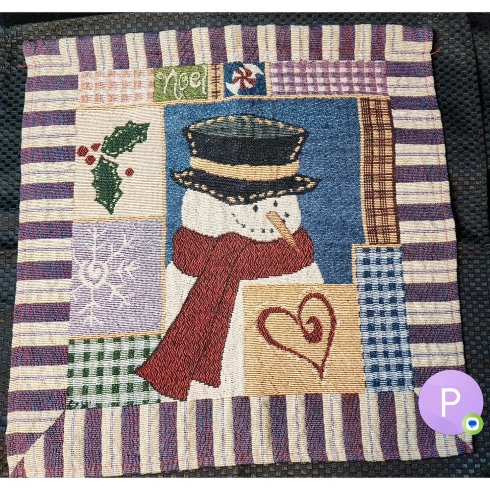 Vintage Snowman Christmas Tapestry Pillow Cover Noel Patchwork 14.5x14.5 Woven